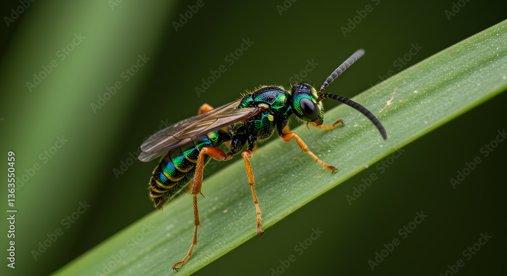 Dazzling chalcid wasp resting on green leaf macro close up view insect life Dazzling chalcid wasp resting on green leaf macro close up view insect life