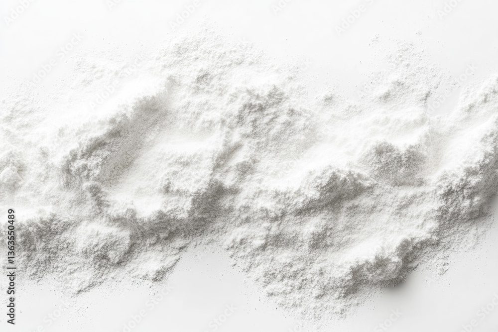 Fototapeta premium White powder, possibly flour or powdered sugar, scattered in a textured wave pattern on a white background.