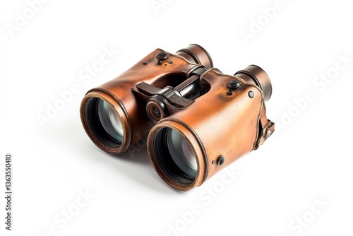 Vintage Leather Binoculars Isolated on White Background for Exploration