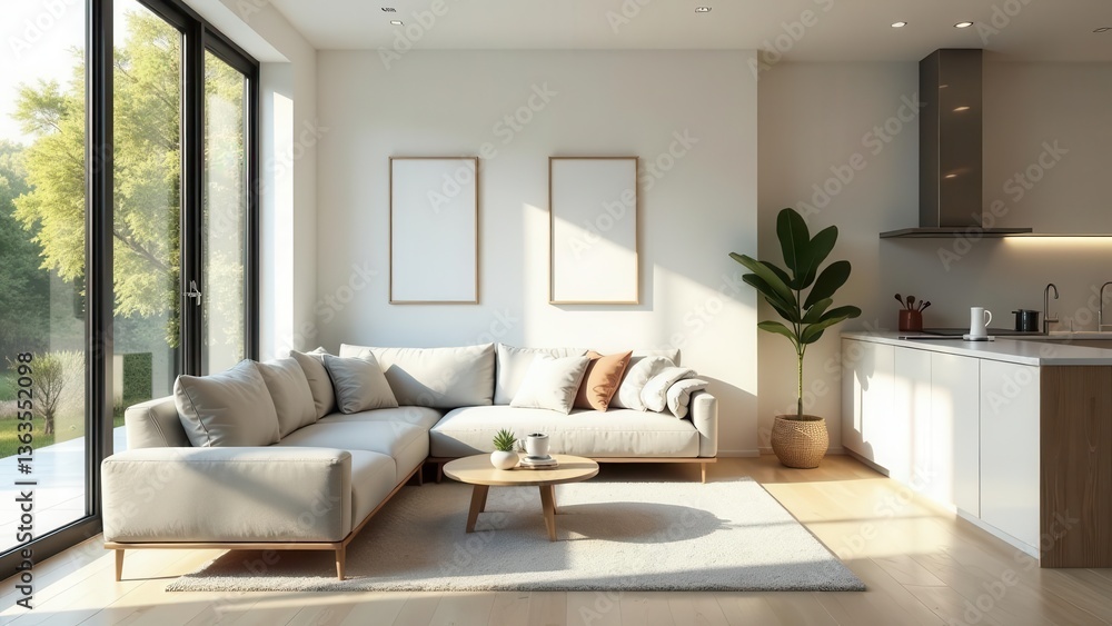 Fototapeta premium Modern Minimalist Living Room Design with Open Plan Kitchen and Natural Light