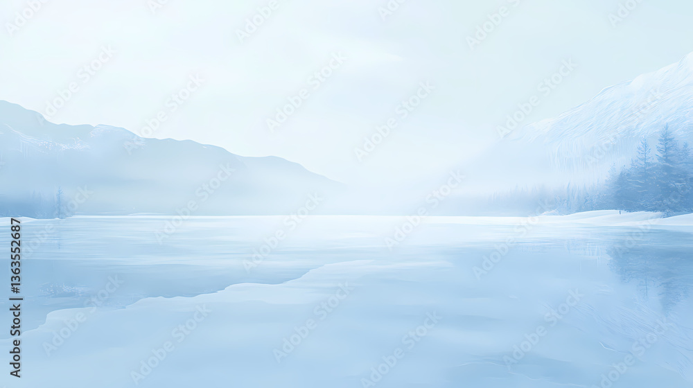Fototapeta premium Gradual transition from pale blue to pure white in a frozen lake, lake, water. Frozen Transition. Illustration