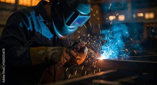 Welder meticulously fuses metal, sparks flying