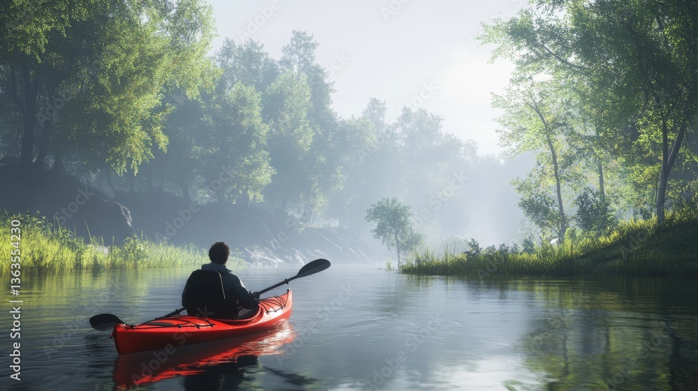 A person in a red kayak paddles on a foggy river A person in a red kayak paddles on a foggy river