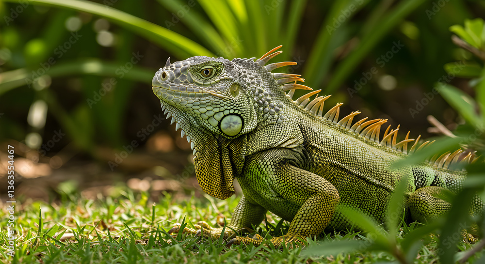 Green Iguana basking in the tropical foliage, showcasing its distinctive spiky crest Green Iguana basking in the tropical foliage, showcasing its distinctive spiky crest