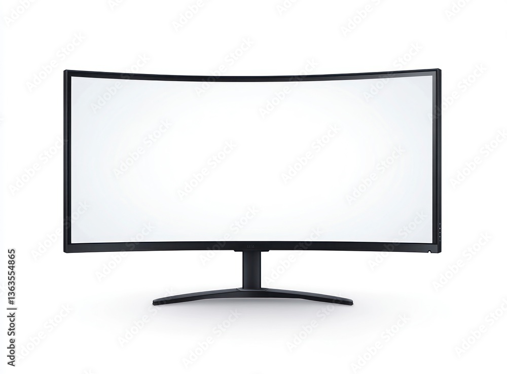 Curved Computer Monitor Display with Blank White Screen Against White Background Curved Computer Monitor Display with Blank White Screen Against White Background