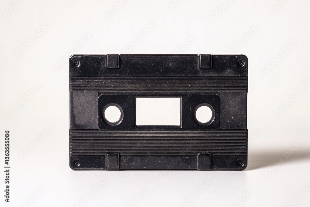 Obraz premium A vintage audio cassette tape, black plastic housing, showing signs of age and wear.