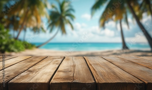 Wooden deck table top on blur tropical beach background. Tropical background for display or montage your products. Tropical beach with wooden floor.