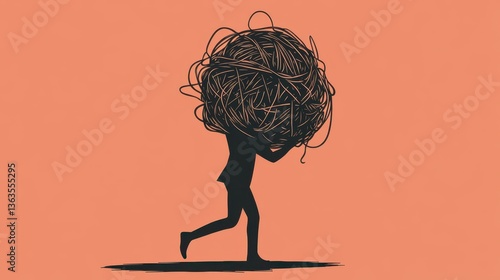 Carrying the weight of anxiety: a person navigates life with a tangled ball of thread on their back in a warm and muted world