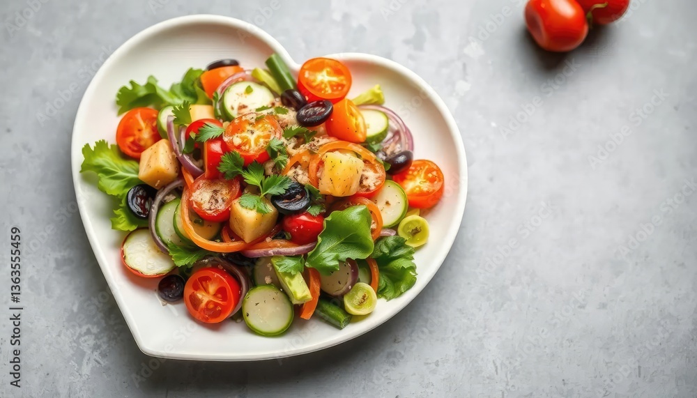 Heart-shaped plate filled with colorful salad Heart-shaped plate filled with colorful salad