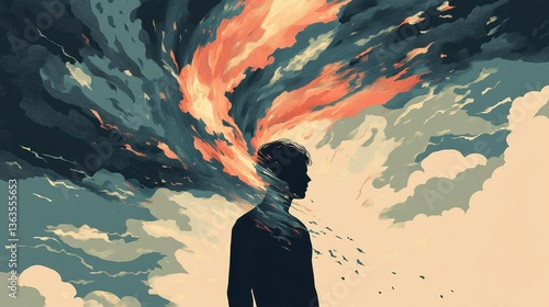Emotional turbulence expressed as an abstract tornado rising from a person's chest, illustrating the inner chaos of anxiety and mental distress in a stylized manner