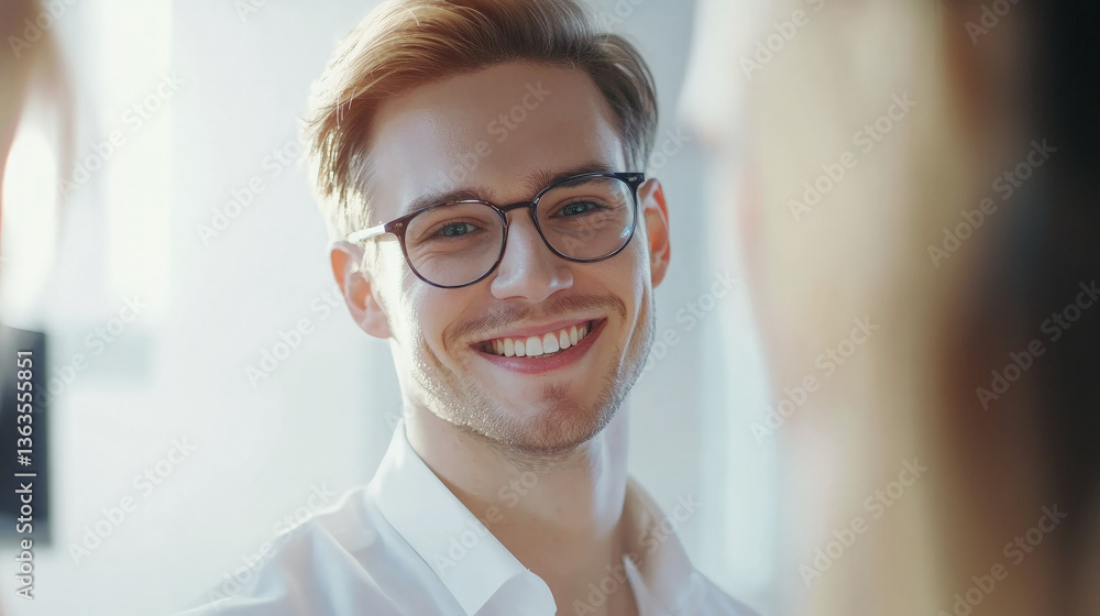 Close-up portrait of young red-haired man wearing glasses, smiling confidently in a bright modern office, radiating positivity and professionalism. Close-up portrait of young red-haired man wearing glasses, smiling confidently in a bright modern office, radiating positivity and professionalism.