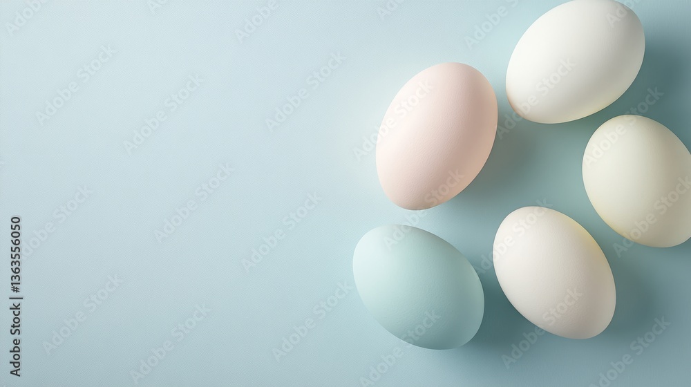 Variety of pastel colored eggs arranged on soft blue background showcasing natural textures and hues in an aesthetically pleasing composition Variety of pastel colored eggs arranged on soft blue background showcasing natural textures and hues in an aesthetically pleasing composition