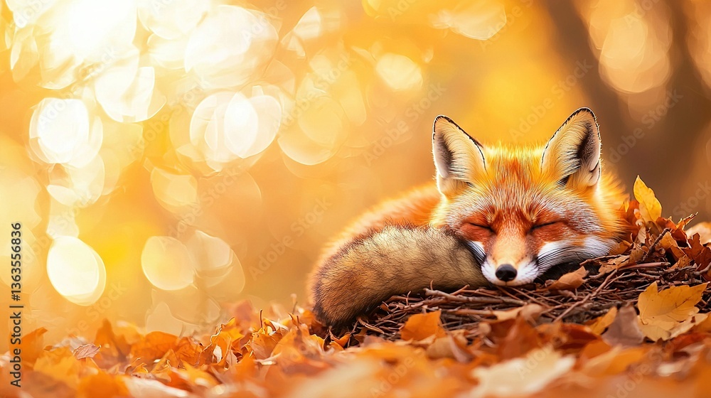 Obraz premium A close-up of a fox on top of a pile of leaves with its face resting on them