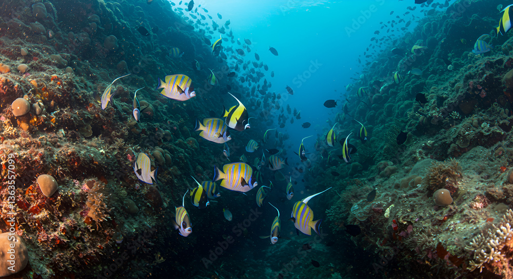 Underwater spectacle: School of Moorish idols gracefully navigating coral reef pass Underwater spectacle: School of Moorish idols gracefully navigating coral reef pass
