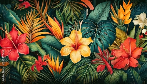 Wallpaper Mural Tropical Leaves & Blooms Torontodigital.ca
