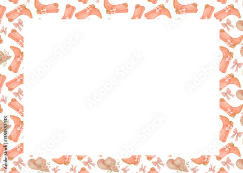 Watercolor illustration of rectangle frame of pair cowgirl boots with a bow in coquette style. Isolated on white background. Wild western
