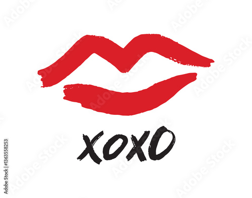 pink red lipstick kiss symbol, hugs and kisses text xoxo. lips xo xo doodle hand drawn icon. Drawing line clipart symbol