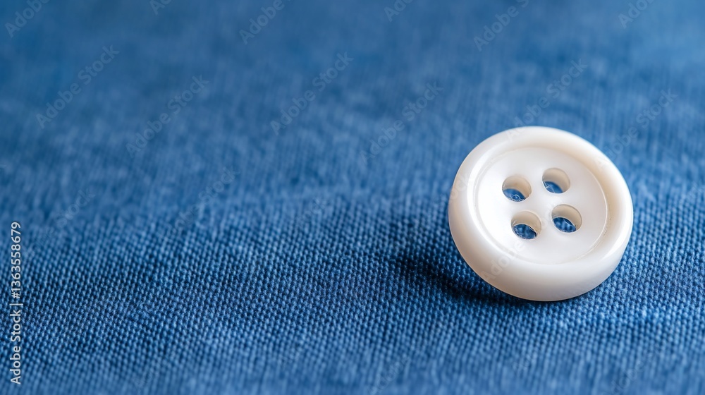A single, four-hole button placed on a textured blue fabric surface A single, four-hole button placed on a textured blue fabric surface