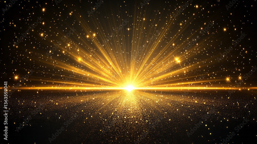 Golden light beams radiate from a shimmering horizon line Golden light beams radiate from a shimmering horizon line