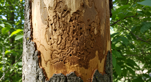 Emerald ash borer devastation: Tree trunk damage displaying larva feeding patterns