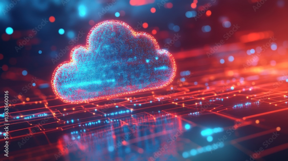 Glowing cloud symbol with red and blue gradient, glittery effect, floating above a digital background of red and blue glowing dots and lines. Glowing cloud symbol with red and blue gradient, glittery effect, floating above a digital background of red and blue glowing dots and lines.