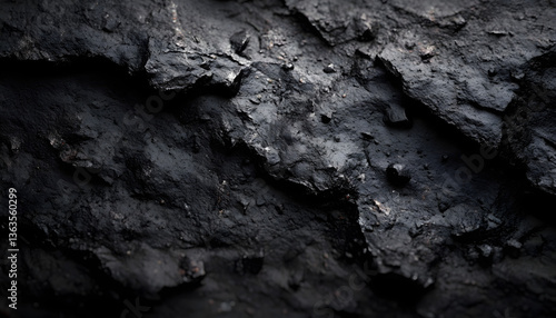 Macro of dark, rough stone texture background. Black rock surface, coal material. Abstract grungy pattern for backdrop, banner, wallpaper, or 3d rendering. Dark natural concept with copyspace.