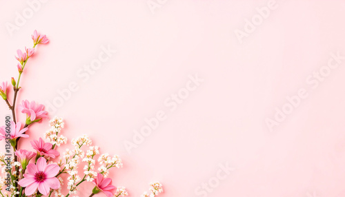 Pink flowers arrangement on a pink background . Mother's Day background. Girl Baby Shower template.
