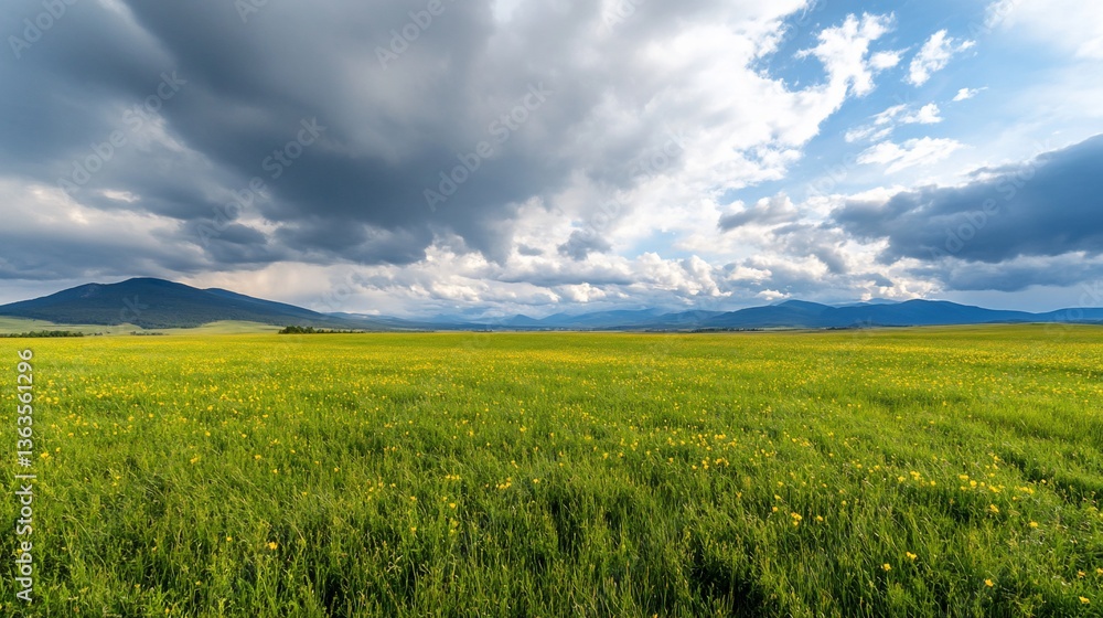 Obraz premium A vast field of yellow flowers stretches under a dramatic, cloudy sky