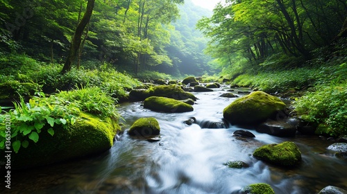 A tranquil river flows through a lush, green forest with mossy rocks