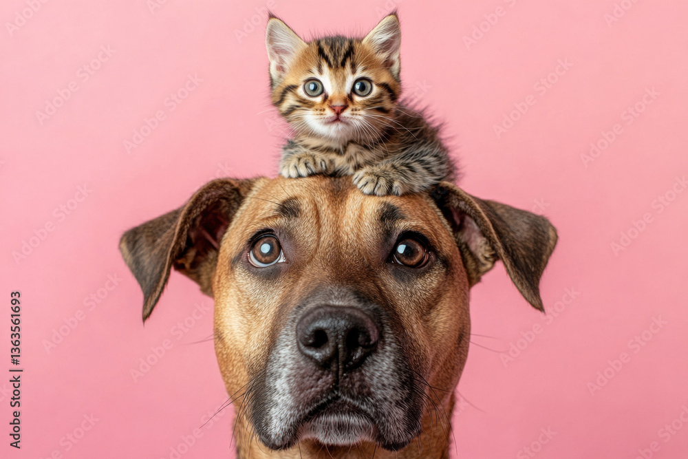Obraz premium Cute Kitten Sitting on Dog's Head