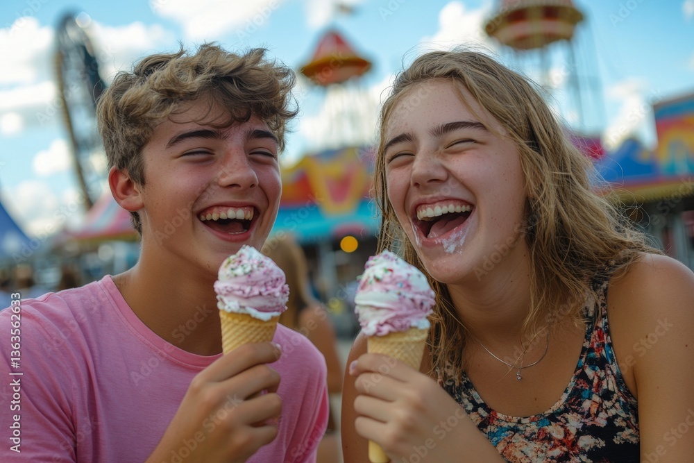 Beautiful, cute and happy couple laughing, smiling and eating ice cream in amusement park Beautiful, cute and happy couple laughing, smiling and eating ice cream in amusement park
