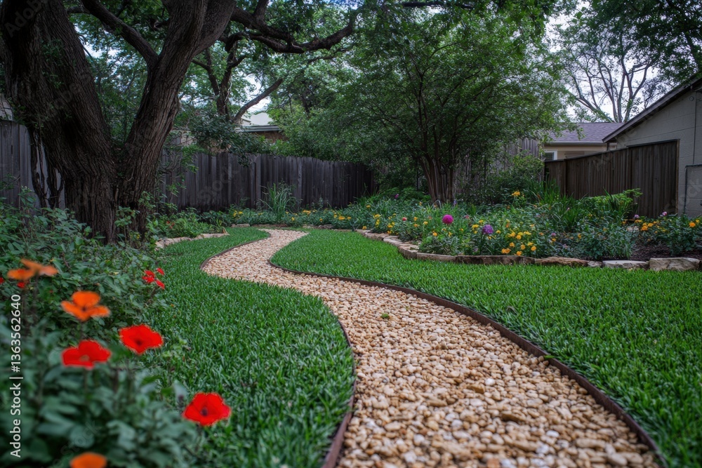 Obraz premium Tranquil backyard path lined with colorful flowers and lush grass Generative AI