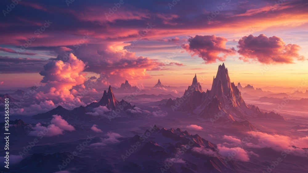 Fototapeta premium Majestic mountain landscape with a vibrant, dreamy sky and ethereal atmosphere.