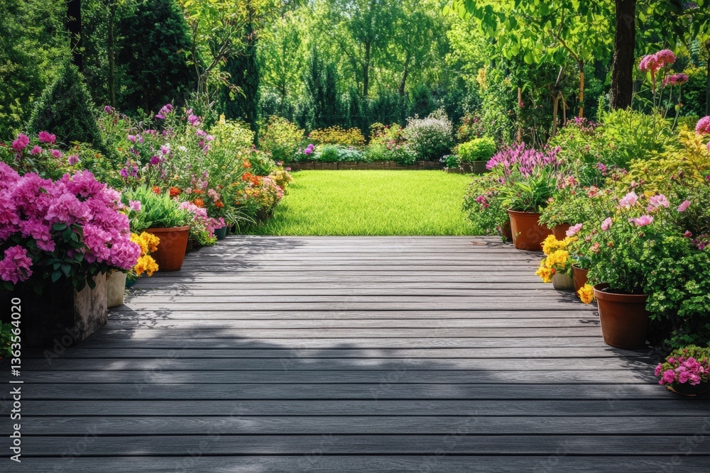 Obraz premium Vibrant potted plants adorn a clean backyard deck in sunny weather Generative AI