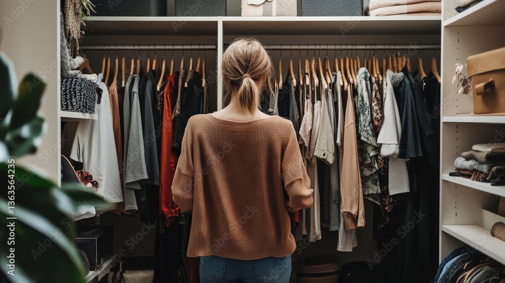 Fototapeta premium Woman standing in front of a large organized clothes closet