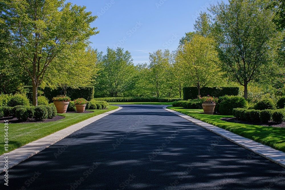 Clean driveway with manicured hedges and lush green lawn in daylight Generative AI Clean driveway with manicured hedges and lush green lawn in daylight Generative AI
