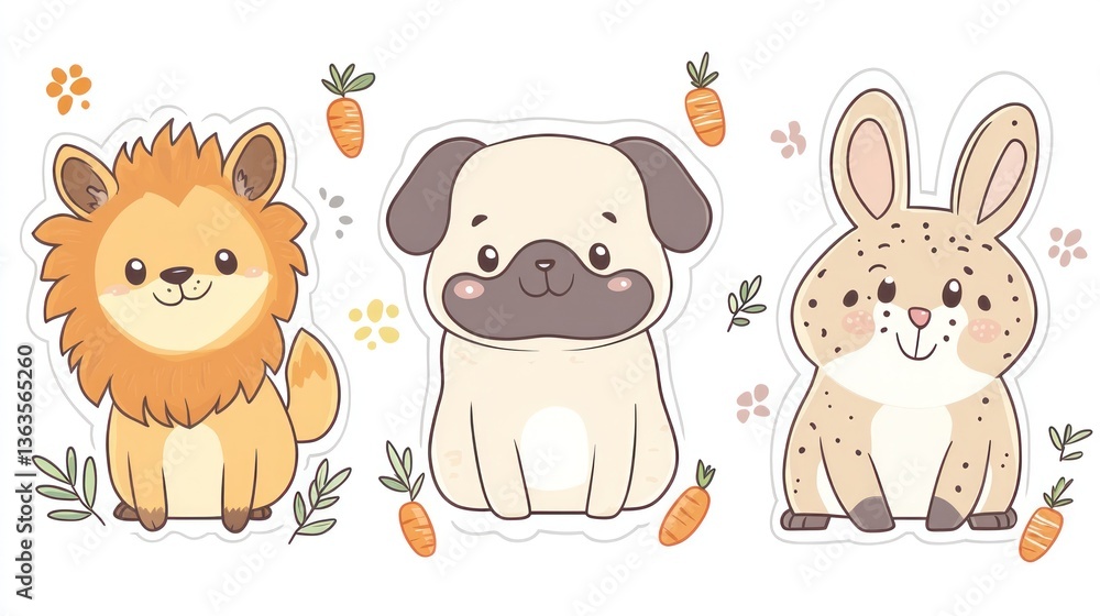 Fototapeta premium Cute lion, pug, and bunny stickers; children's design