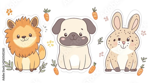 Cute lion, pug, and bunny stickers; children's design