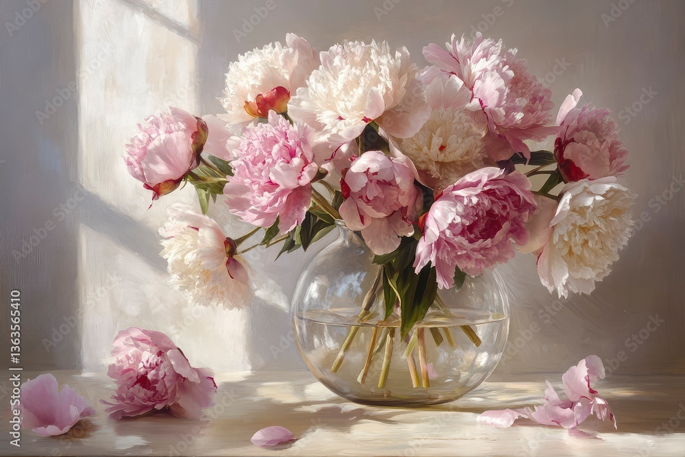 Imagine a large bouquet of peonies in a transparent glass vase on a light wooden table Imagine a large bouquet of peonies in a transparent glass vase on a light wooden table