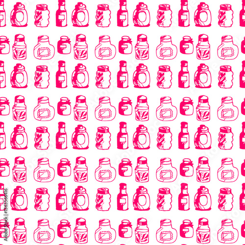 Seamless print pattern with jars and bottles with different food kitchen wallpaper background for textile, paper	
