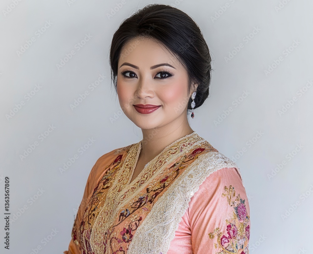 Portrait of Elegant Asian Woman with Traditional Dress and Jewelry Smiling Portrait of Elegant Asian Woman with Traditional Dress and Jewelry Smiling