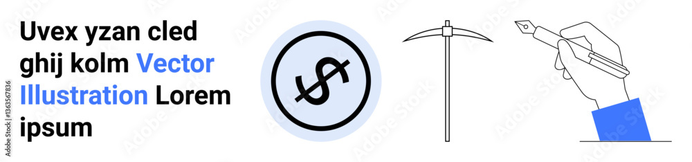 Hand holding a fountain pen, mining pickaxe, and dollar icon in a circular frame. Ideal for finance, writing, mining, design, creativity, business strategy simple landing page Hand holding a fountain pen, mining pickaxe, and dollar icon in a circular frame. Ideal for finance, writing, mining, design, creativity, business strategy simple landing page