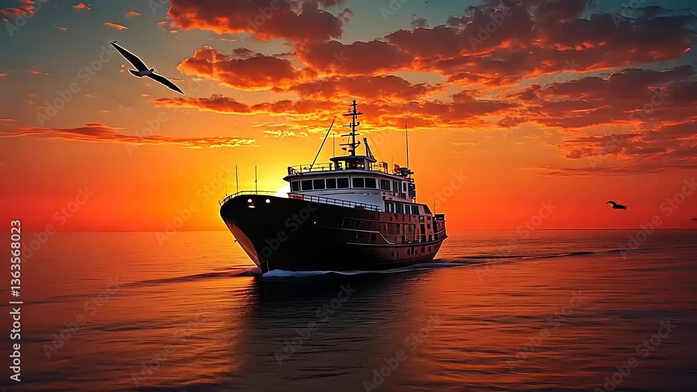 Sunset over calm waters with a ship sailing, seagulls flying, and vibrant clouds in the background Sunset over calm waters with a ship sailing, seagulls flying, and vibrant clouds in the background