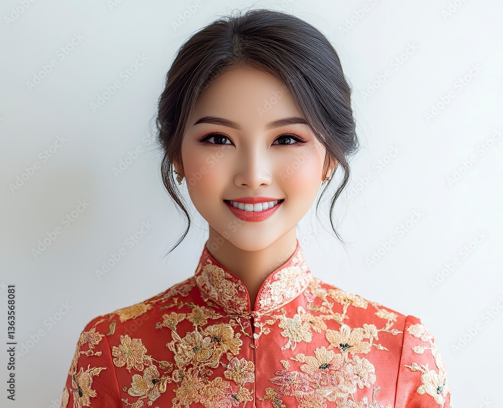 Smiling Asian Woman in Traditional Red Dress Posing Against White Background Smiling Asian Woman in Traditional Red Dress Posing Against White Background