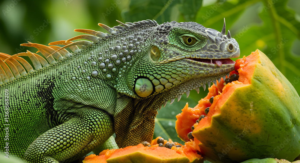 Fototapeta premium Green Iguana Indulging in a Tropical Papaya Feast amidst Lush Foliage