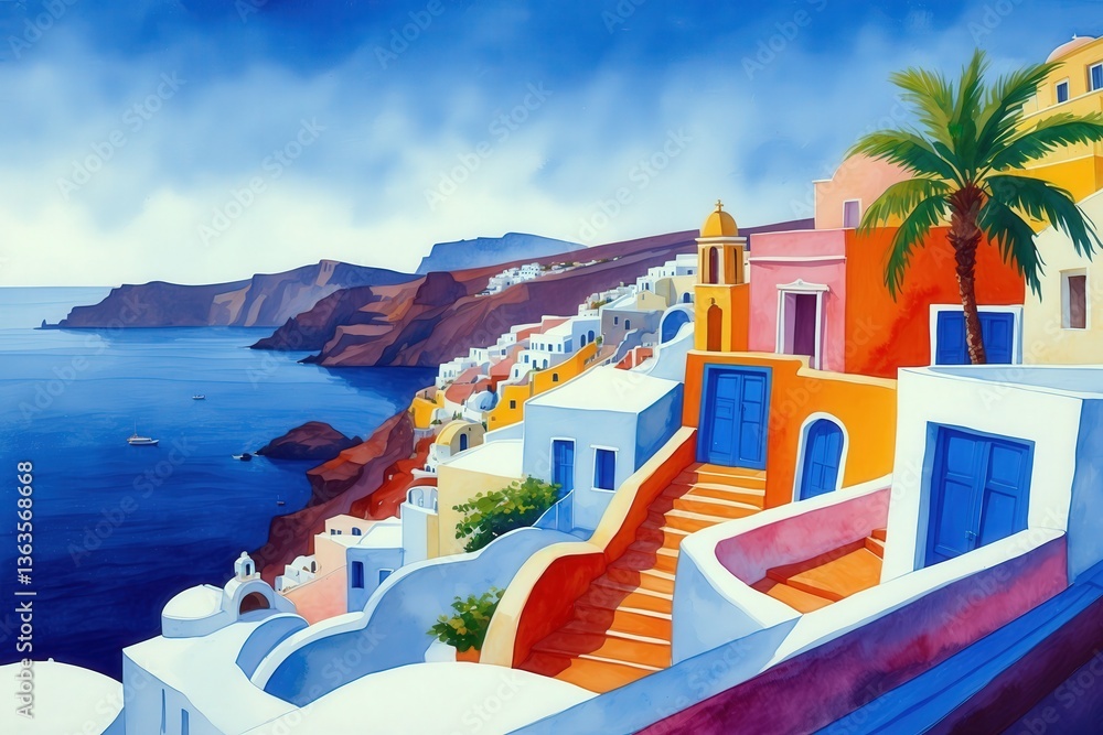 Fototapeta premium Vibrant architecture and stunning coastline of Santorini during a sunny day