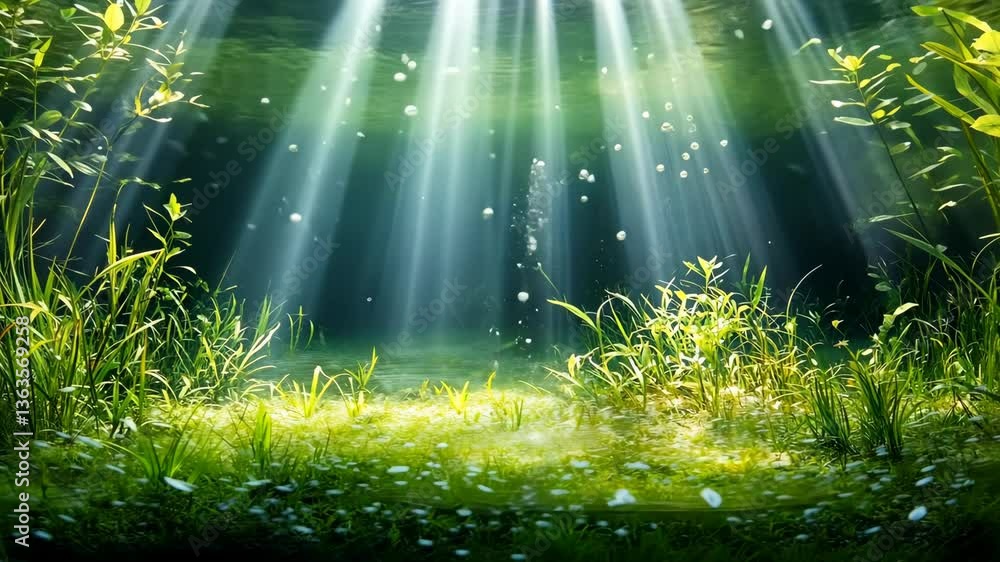 Sunlight beams shine through water, illuminating an underwater landscape filled with vibrant greenery Sunlight beams shine through water, illuminating an underwater landscape filled with vibrant greenery