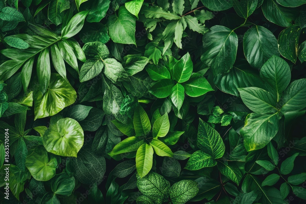 Lush, vibrant green leaves create a dense, tropical foliage backdrop. Various leaf shapes and sizes intermingle, showcasing the richness of nature. Dark green tones highlight the texture and depth Lush, vibrant green leaves create a dense, tropical foliage backdrop. Various leaf shapes and sizes intermingle, showcasing the richness of nature. Dark green tones highlight the texture and depth