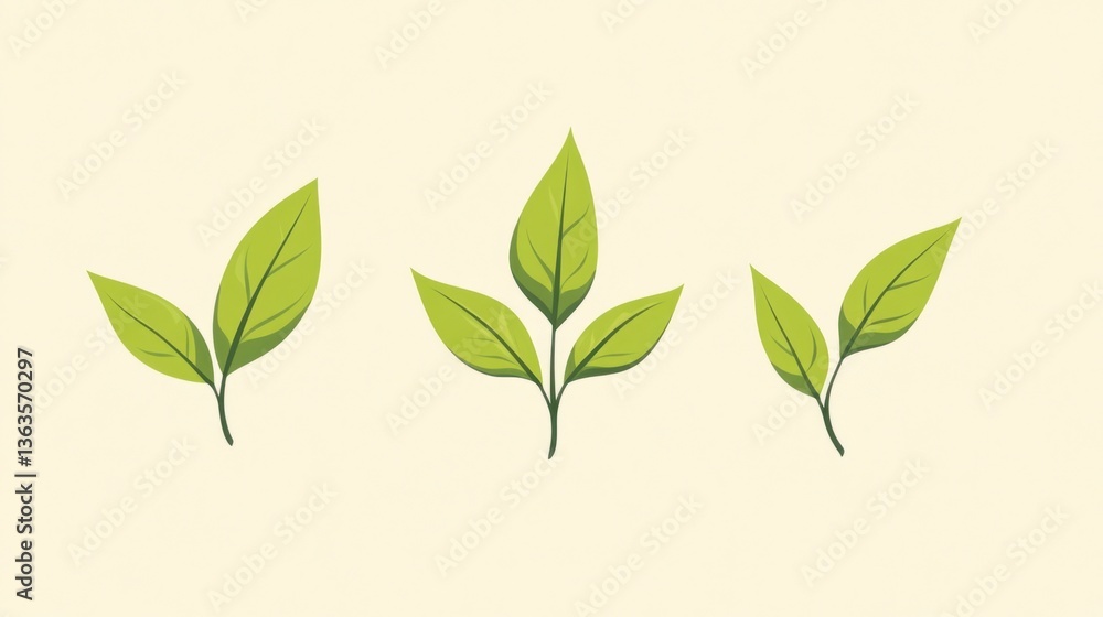 Three green leaves, simple design, nature background, for eco-friendly content Three green leaves, simple design, nature background, for eco-friendly content