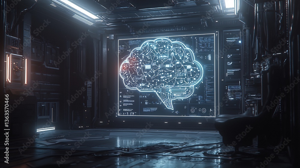 Obraz premium Glowing digital mind map with interconnected AI cloud computing and automation elements in a dark tech inspired room 4K ultra realistic